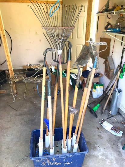Group of Yard Tools in Nice Home Made Holder