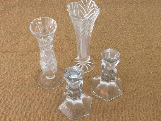 Crystal Glassware: Candle Holders & (2) Bud Vases
