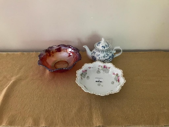 Blue/White Teapot, Bavarian Bowl, & Glass Bowl