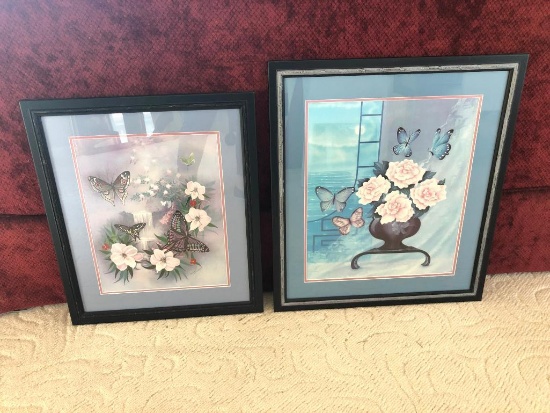 (2) Framed & Matted Prints W/Florals & Butterflies