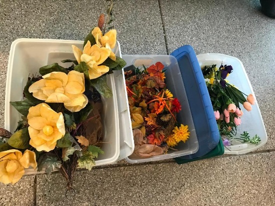 Three Totes with Silk Plants