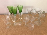 (17) Pcs. Vintage Glassware: Martini's, Etched Glasses, & (3) Clear/Green Water Glasses