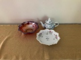 Blue/White Teapot, Bavarian Bowl, & Glass Bowl