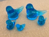 Flock Of (5) Blue Glass Birds-Artist Signed & Dated