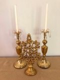 Matching Brass Candle Holders W/Prisms & Motto Plaque