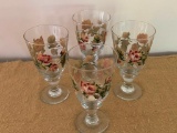 (4) Vintage Stemmed Water Glasses W/Floral Decoration