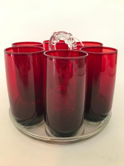 (6) Ruby Red Glasses On Clear Glass Carrier