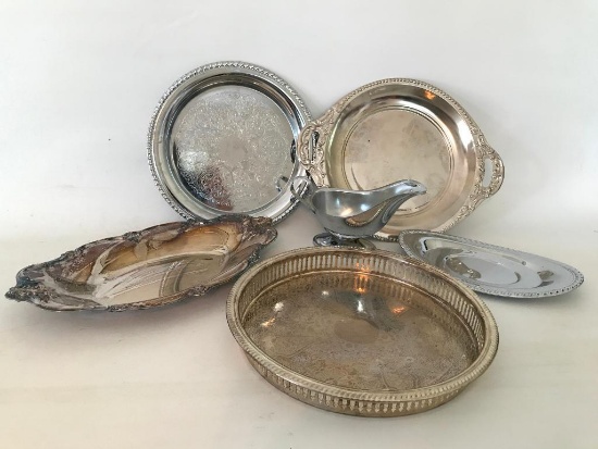 Group Of Silver Plated & Stainless Serving Trays