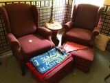 (2) Wing Back Chairs W/Ottomans & Lamp Table