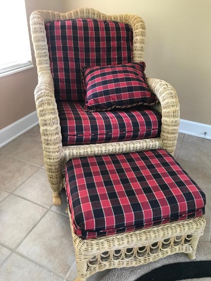 Ethan Allen Wicker Rocking Chair W/Ottoman & Matching Cushions