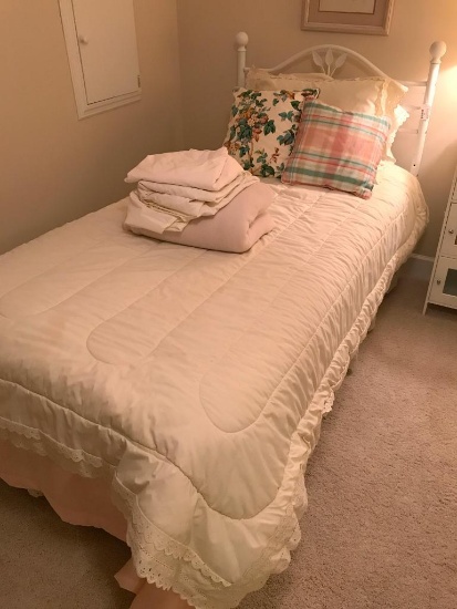 Single Bed with Frame, White Metal Headboard and all Bedding Shown