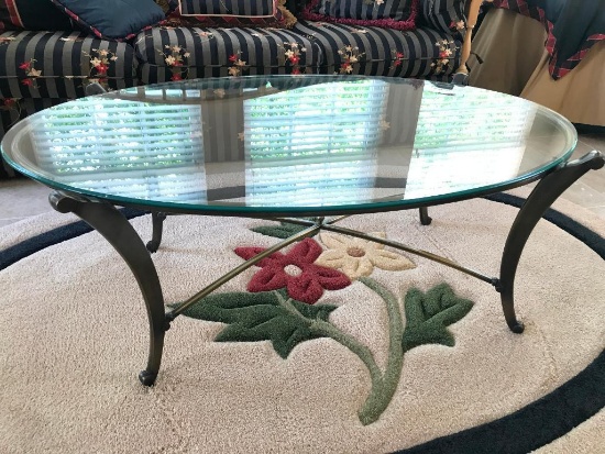 Ethan Allen Oval Coffee Table W/Iron Base & Plate Glass Top