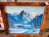 Oil on Cavas of Snowy Mountain Scene, Frame is 32x28 Inches