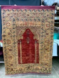 Antique Turkish Ghiordes Handmade Silk Prayer Rug Mounted on Material and Shows Wear