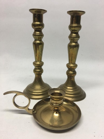 (2) Matching Brass Candle Holders + Another