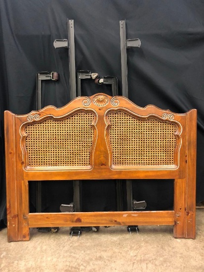 Ethan Allen Pine with Wicker Accents Headboard and Metal Bed Frame