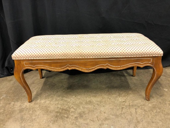 Ethan Allen Pine Bench for End of Bed, 41 Inches Long and Show Some Fabric Wear from Use.