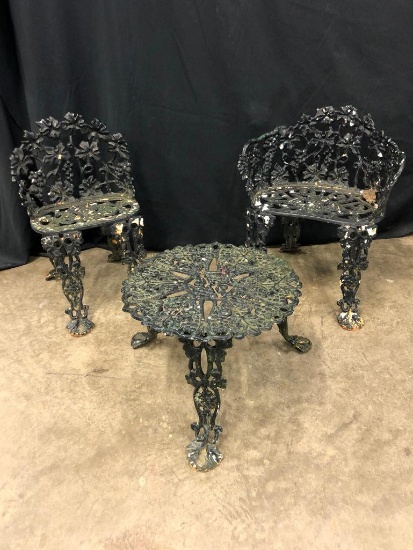 Three Pieces of Cast Iron, Decorative Chairs and Table