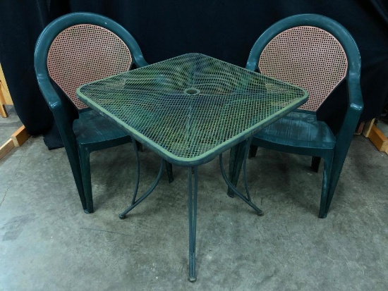 Metal, Outdoor Table and Two Plastic Chairs and Umbrella