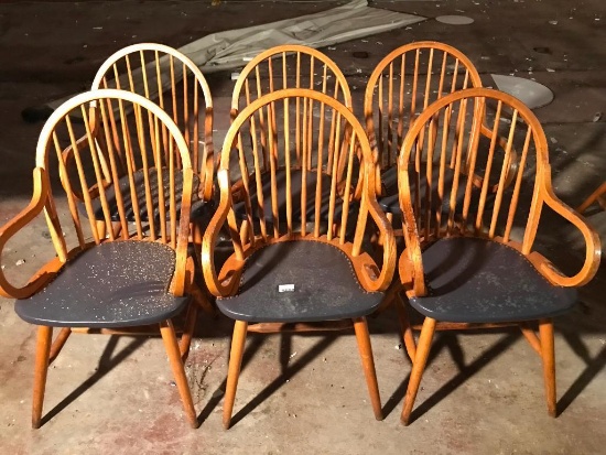 (6) Oak Arm Chairs With Curved Backs & Padded Seats