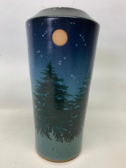 Contemporary Pottery Vase W/Hand Painted Pine Trees At Night