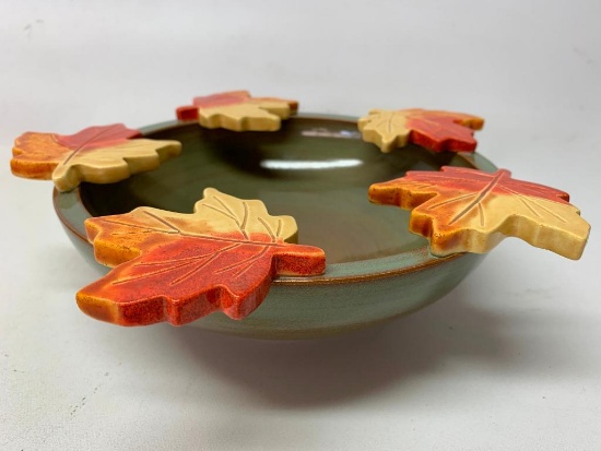 Contemporary Pottery Bowl W/Applied Oak Leaves