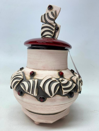 Contemporary Pottery Lidded Vase W/Red Glass Buttons