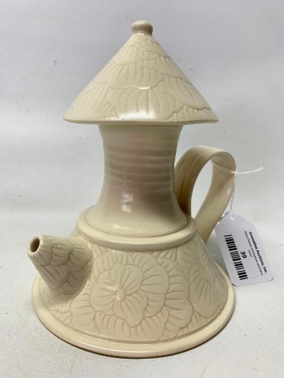 Contemporary Pottery Teapot W/Incised Lotus Blossoms-Unique Design
