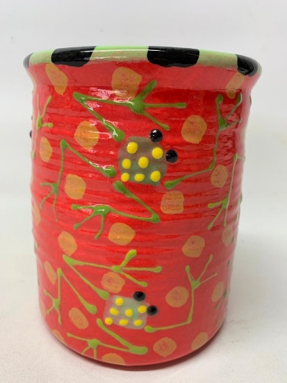 Contemporary Pottery Vase W/Hand Painted Frogs