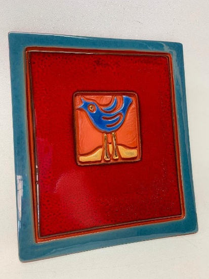 Contemporary Clay Pottery Hanging Tile Of Bird