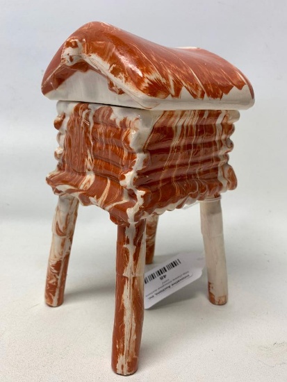 Ceramic Hut On Legs W/Brown & White Glaze