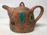 Contemporary Pottery Teapot W/Glazed Florals Signed Sarah