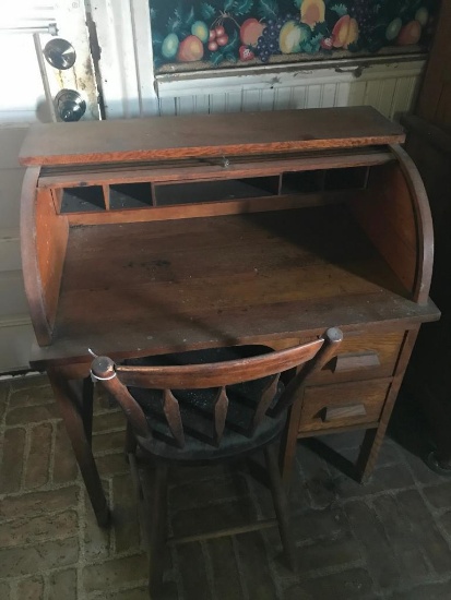 Oak Child's Roll Top Desk W/Primitive Chair