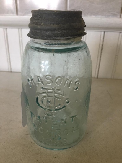 "Masons Patent Nov. 30th. 1858" Pint Size Canning Jar W/Lid