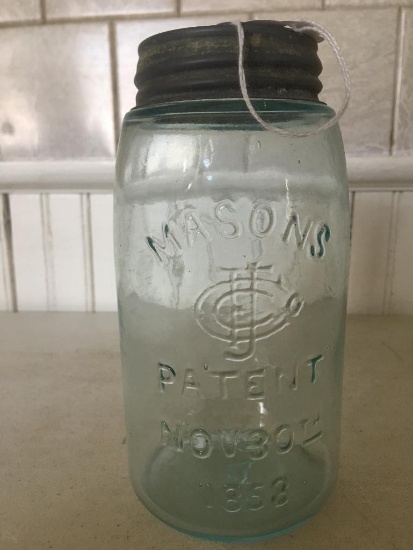 "Masons Patent Nov. 30th. 1858" Qt. Size Canning Jar W/Lid