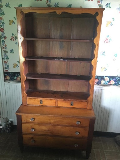 Early Pine Open Hutch W/Drawered Base & Sandwich Glass Pulls