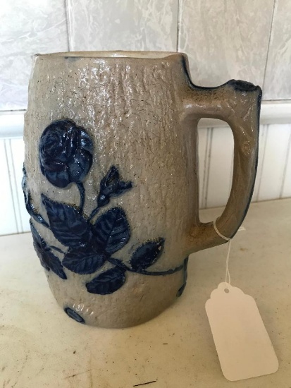 Blue & White Stoneware Pitcher W/Raised Florals