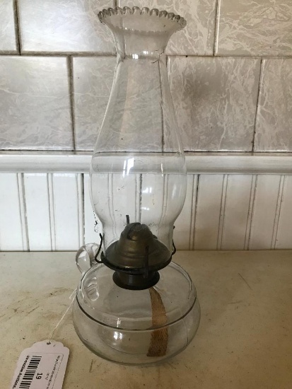 Early Glass Oil Lamp W/Applied Finger Hold & Chimney