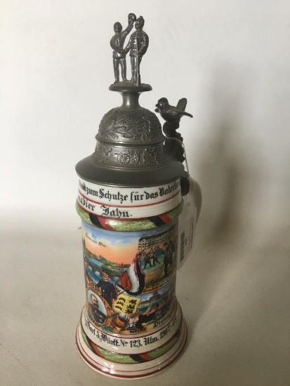 Regimental German Porcelain 1/2L Beer Stein W/Lithopane Bottom