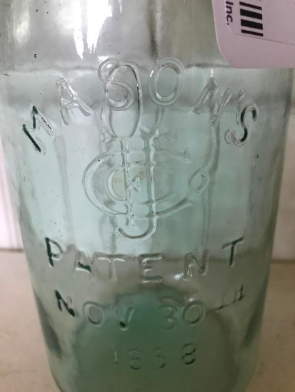 Antique Aqua Canning Jar: "Masons Patent Nov. 30th. 1858"