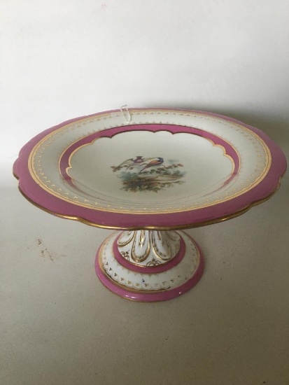 Antique Porcelain Center Bowl W/Birds & Pink Luster Rims