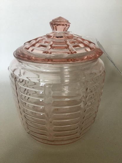 Vintage Pink Depression Cracker/Cookie Jar W/Lid