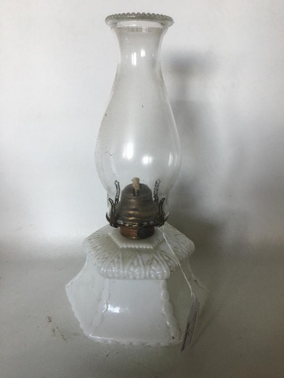 Antique Milk Glass Oil Lamp W/Chimney