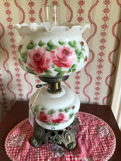 Electric Hurricane Lamp W/Milk Glass Shade & Base