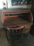 Oak Child's Roll Top Desk W/Primitive Chair