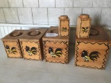 Mid Century Wooden Canister Set W/Roosters + Matching Salt/Pepper
