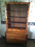 Early Pine Open Hutch W/Drawered Base & Sandwich Glass Pulls