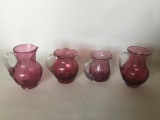 Group Of (4) Amethyst Glass Pitcher W/Applied Handles