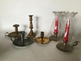 Group Of Brass & Pewter Candle Holders Incl. 1 Push-Up