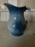 Antique Blue & White Stoneware Pitcher W/Embossed Florals